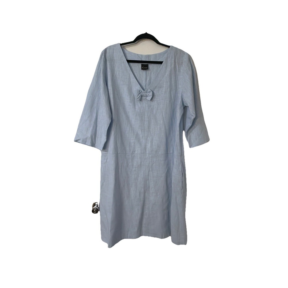 Le Muse‎ Women's  100% Linen Bow Front Century Modern Light Blue Sun Dress